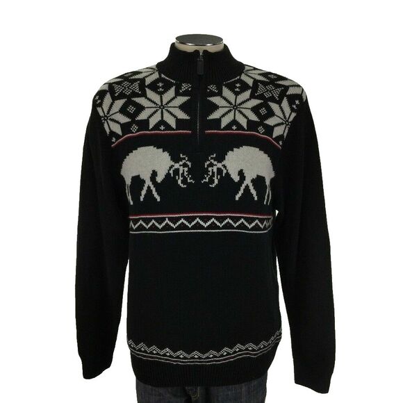 Chaps Other - Chaps Reindeer 1/2‎ Zip Sweater M Black White Red Xmas Snowflake Cotton Mens